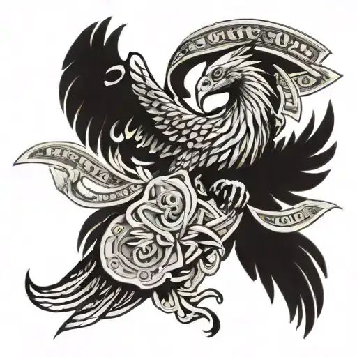 A Phoenix Rising From A Pile Of Money With A Gun In Its Talons