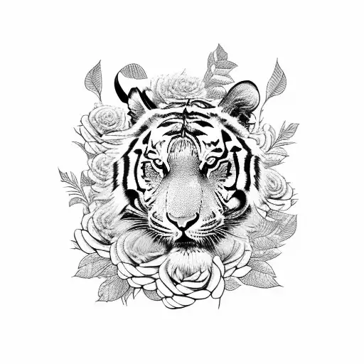 A Tiger Emerging From A Bed Of Flowers