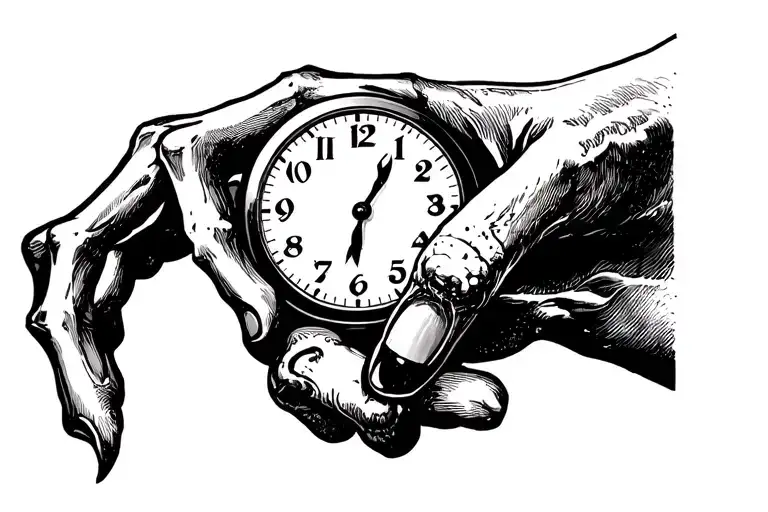 Bone Hand Hold Clock In Between Fore Finger And Pinky