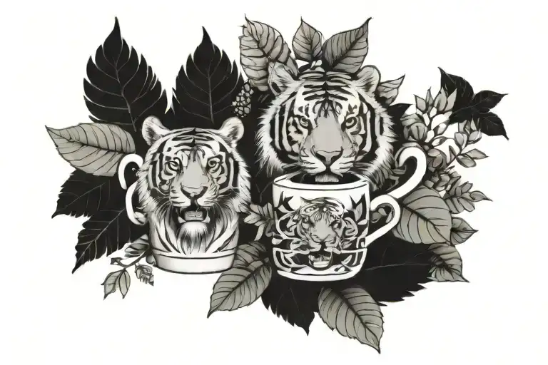 A Tiger Emerging From A Coffee Cup Surrounded By Jungle Foliage