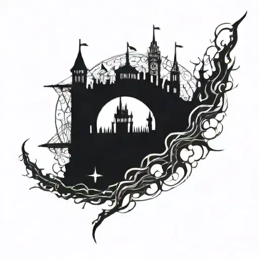 Tattoo Of Moon Castle And Battle Scene