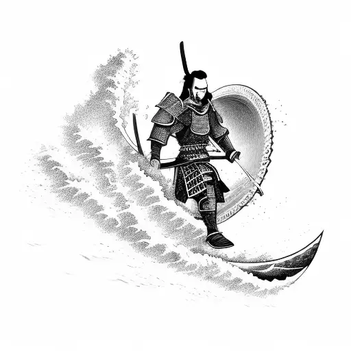 A Fierce Samurai Warrior Riding A Giant Wave