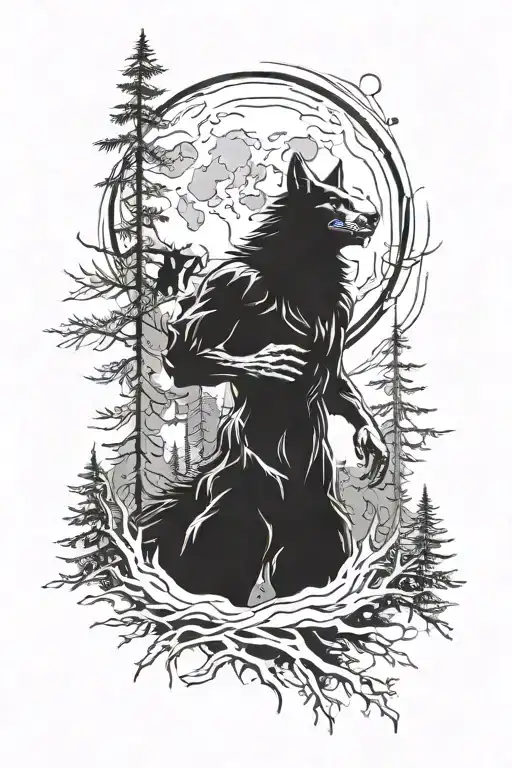 Werewolf Against The Background Of Fir Trees And The Moon
