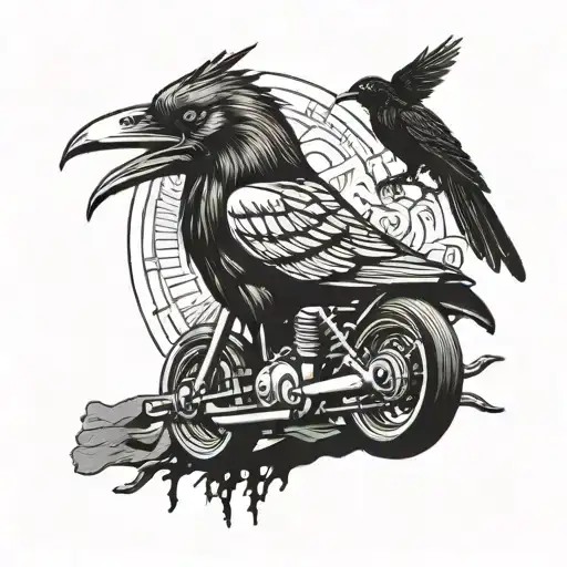 Crow With Chopper Motorcycle And Greek Sculpture