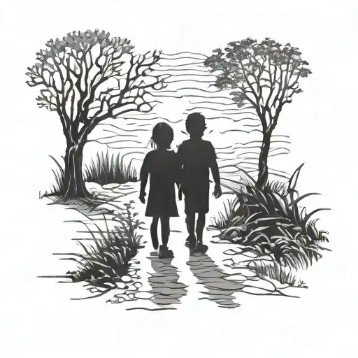 Silhouette Of 2 Kids Walking Away