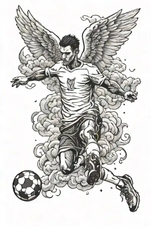 A Soccer Player With Wings Made Of Clouds And A Bible Verse Written In The Sky