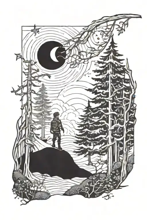Boy Entering A Forest And The Waning Moon Shining