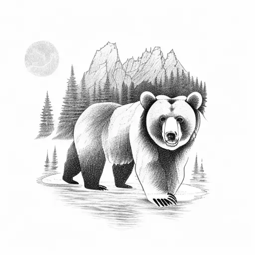 Bear Family Crossing River In The Grand Teton Mountains