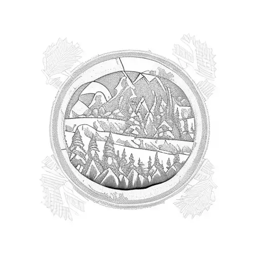 An Ice Hockey Puck Nestled Among Trees In A Blackwork Forest Scene