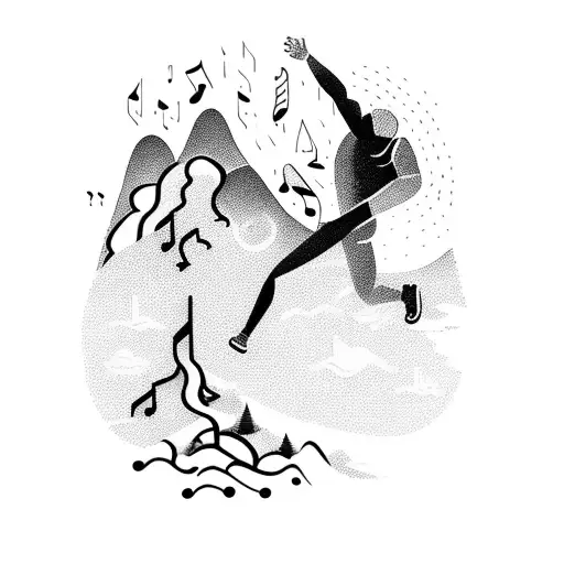 A Silhouette Of A Person Hiking Through A Mountain Range With Musical Notes Floating In The Sky