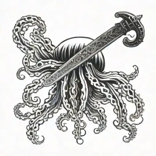 Jellyfish With Long Tentacles Wrapped Around A Sword Underwater