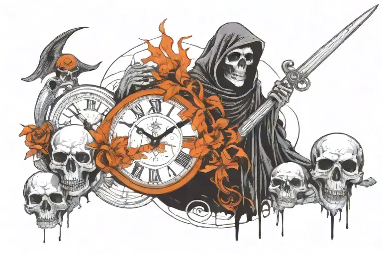 Grim Reaper Holding A Clock And A Skull