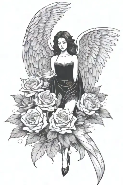Female Sexy Dark Angel With Flowers