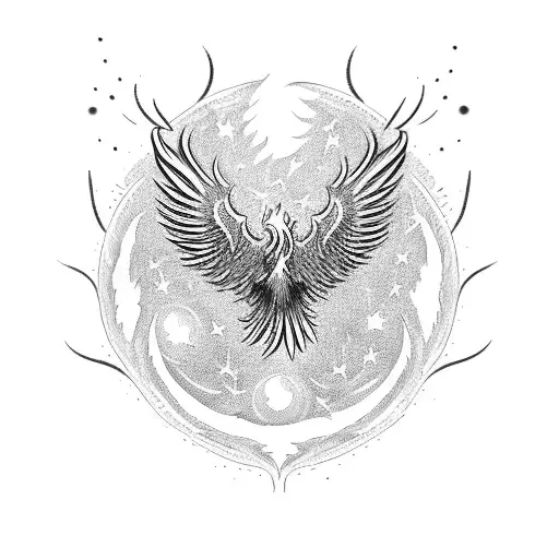 Phoenix Rising From Ashes Surrounded By Celestial Objects
