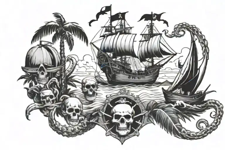 Palm Trees Pirates Skulls Boats Octopus Sharks