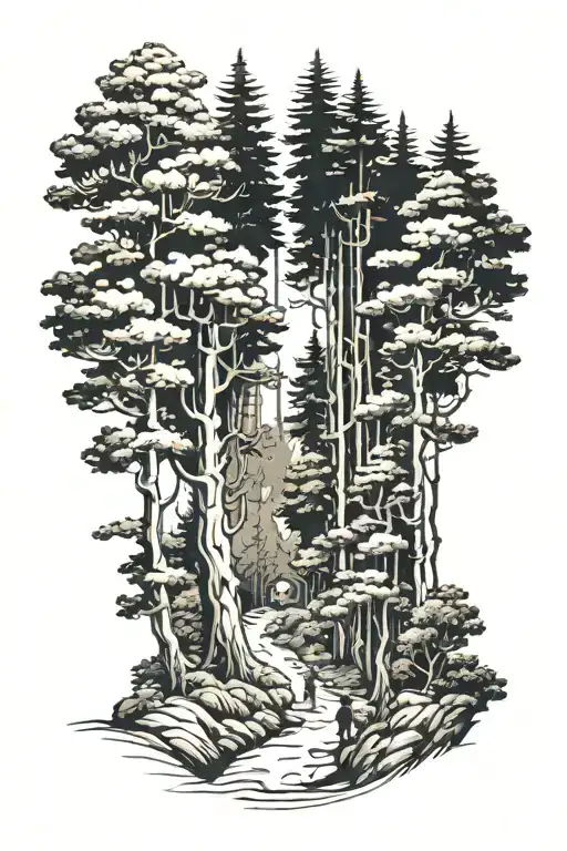 Pine Forest With A Path And A Child Entering