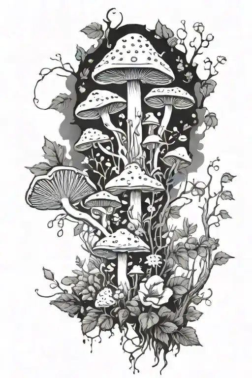 A Mystical Forest Scene With A Variety Of Mushrooms And Herbs Intertwined With Flowers And Vines