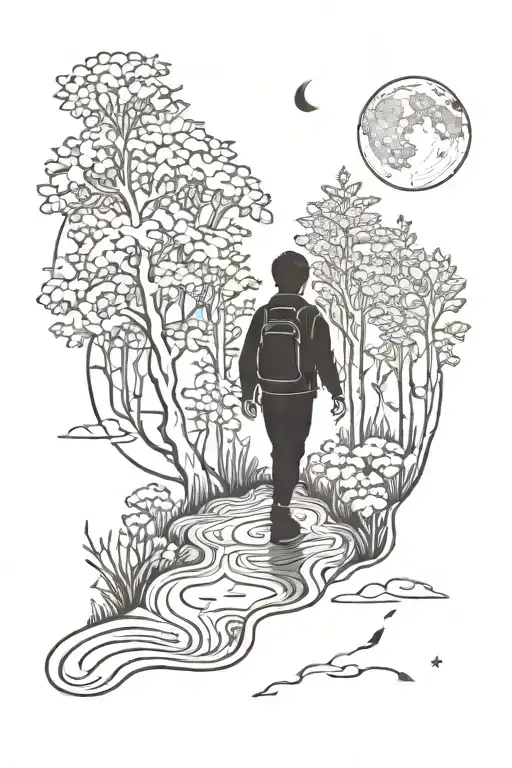 Boy Entering A Forest And The Waning Moon Surrounded