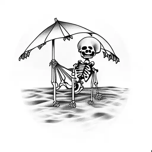 Skeleton In A Hammock Between Two Palm Trees With An Umbrella Drink