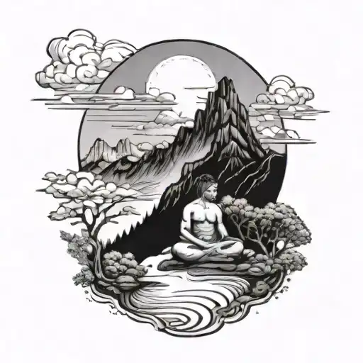 A Serene Mountain Landscape With A Meditating Figure In The Foreground