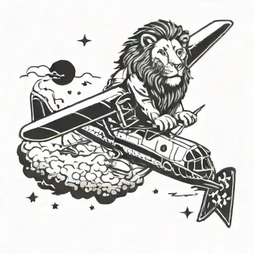 A Lion Pilot Flying A Guitar-shaped Airplane Through A Music-themed Sky