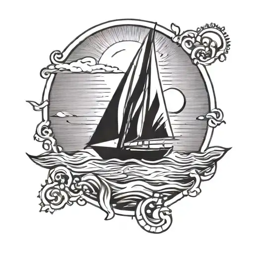 A Minimalist Design Of A Sailboat With The Sun Setting