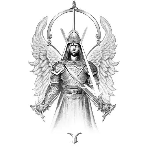 Male Guardian Angel With A Sword In His Right Hand And A Shield In His Left Arm