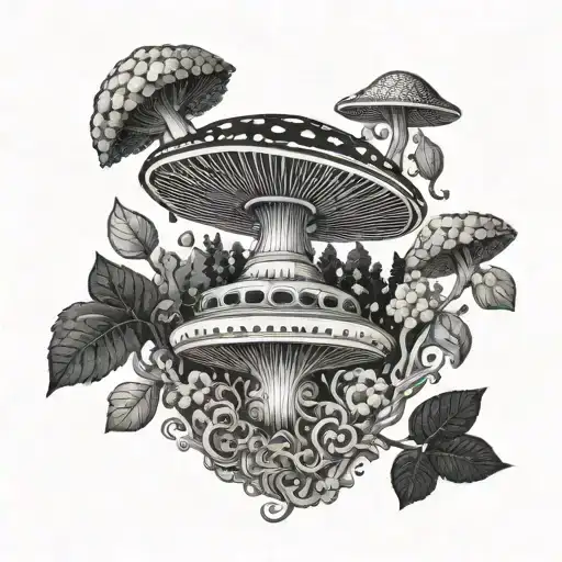 An Intricate Blackwork Design Of A Mushroom Spaceship Flying Through A Galaxy Of Pot Leaves