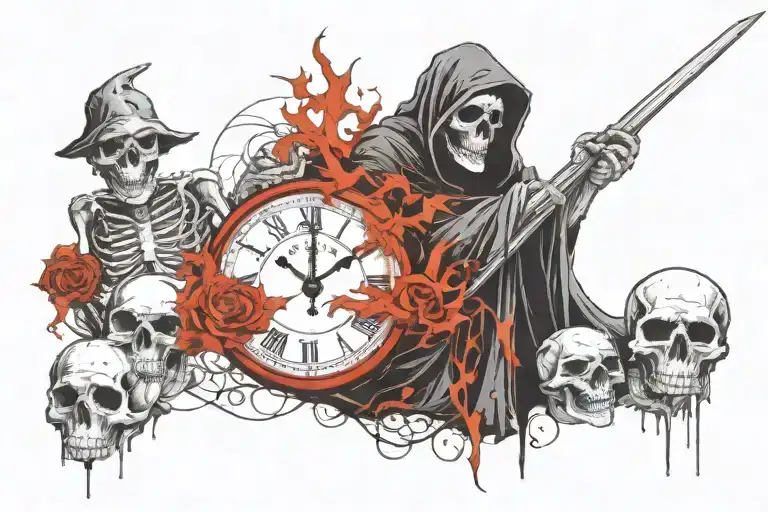 Grim Reaper Holding A Clock And A Skull