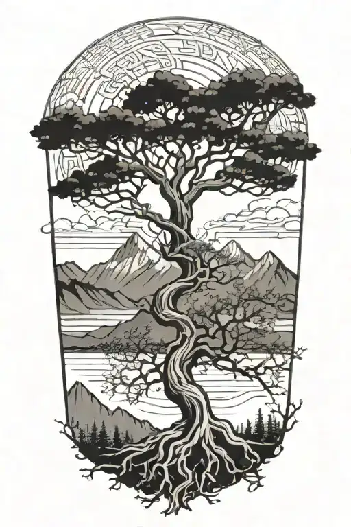 A Majestic Tree With Intricate Roots Intertwined With A Mountain Range In The Background