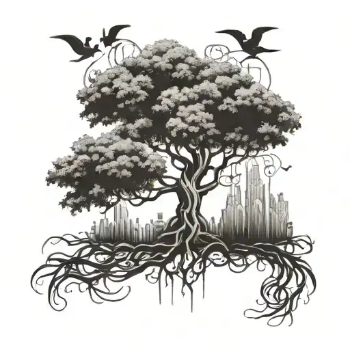 Design A Money Tree With Intricate Roots And Branches Entwined With Real Estate Symbols