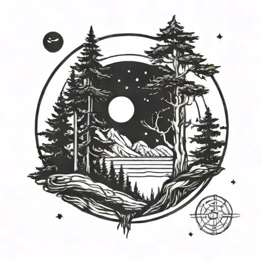 Pine Tree Within A Circle With Moon Stars Landscape