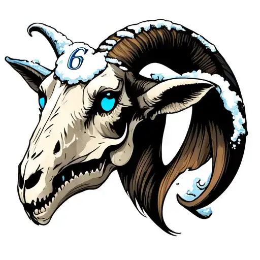 Goat Skull With Blue Eyes With Number 6 On Its Forehead And Snow On The Horns