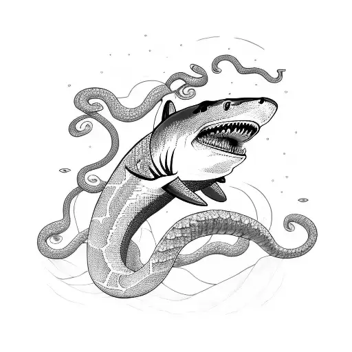 Incorporate A Shark And A Snake In A Blackwork Tattoo Inspired By Waves
