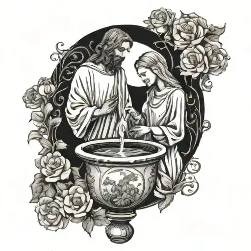 Jesus And The Woman By The Well On The Surface Of A Tall Vase Full Of Water