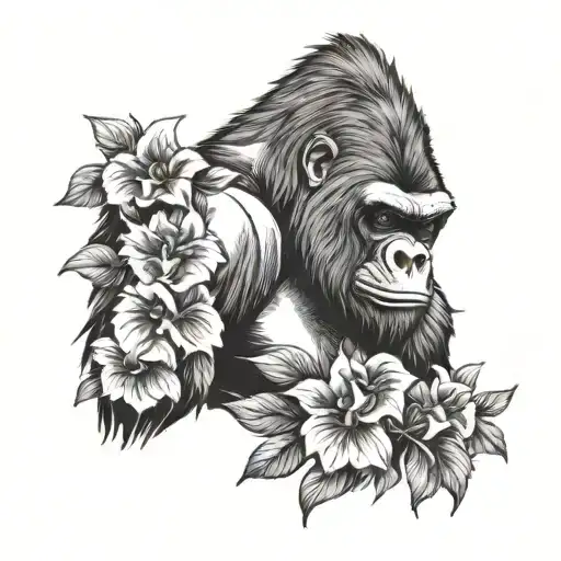 Aggressive Gorilla Among Flowers