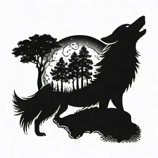 A Wolf Howling At The Moon Surrounded By A Lush Forest With Tribal Patterns Intertwined In The Trees