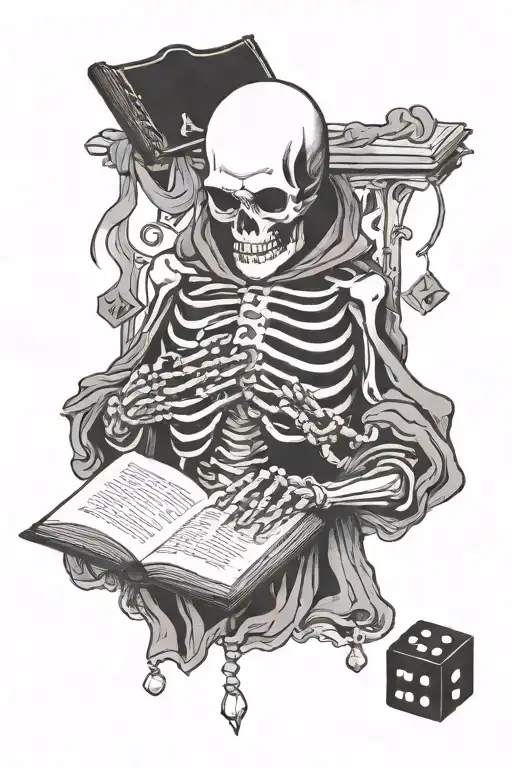Robed Skeleton Holding A Book And Floating Dice