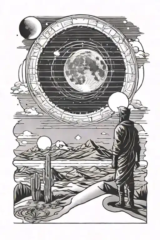 Design A Desert Tattoo Design With A Big Moon In The Sky And A Man Staring At The Moon In The Desert