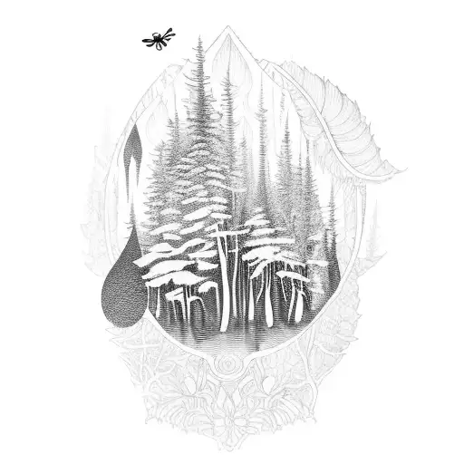 A Detailed Blackwork Tattoo Of A Mystical Forest With Insects Hidden Among The Trees