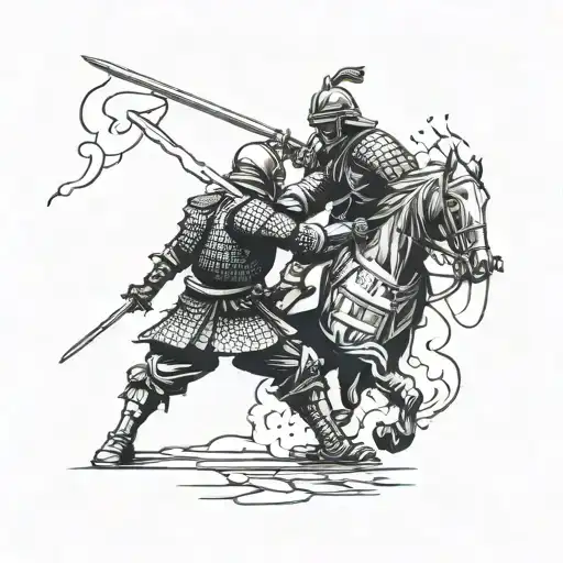 Knight Fighting A Samurai In A Warzone