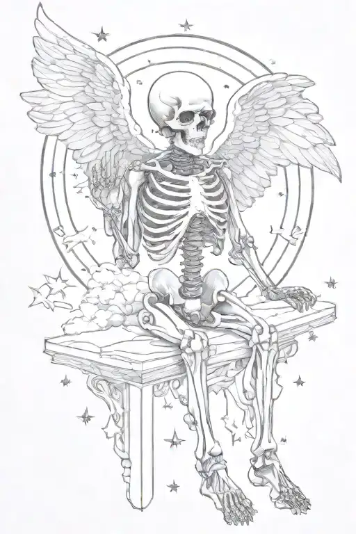 A Skeleton Angel Praying With A Celestial Background And Stars Shining Behind It
