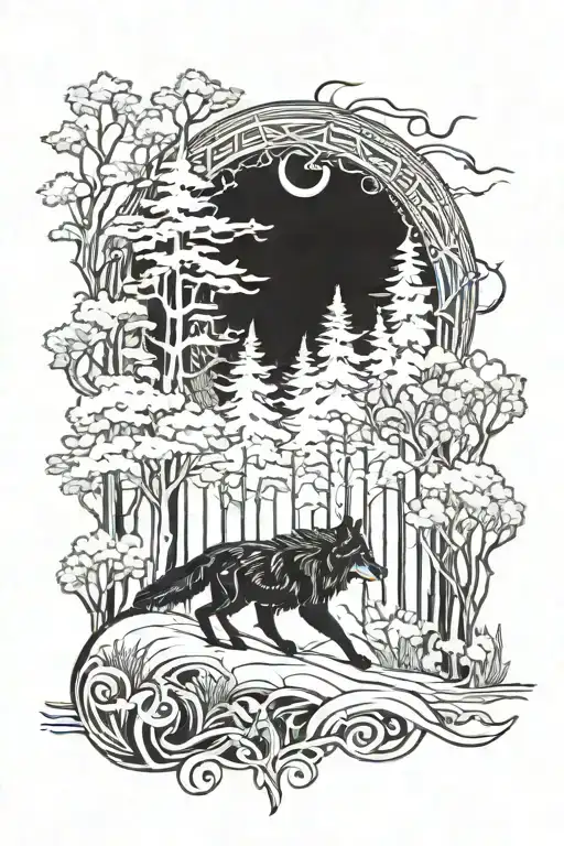 A Mystical Forest Scene With A Wolf Leading The Way Through A Tribal Path Of Plants And Trees