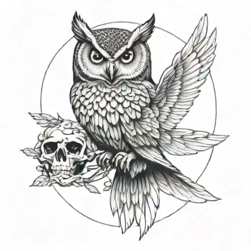 Owl With Wings Spread And Skull