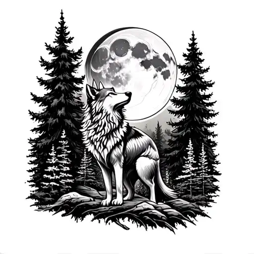 A Detailed Blackwork Tattoo Of A Wolf Howling At The Moon In A Forest Setting