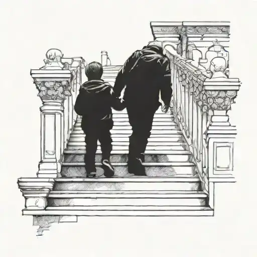 Father And Son Going Up The Stairs