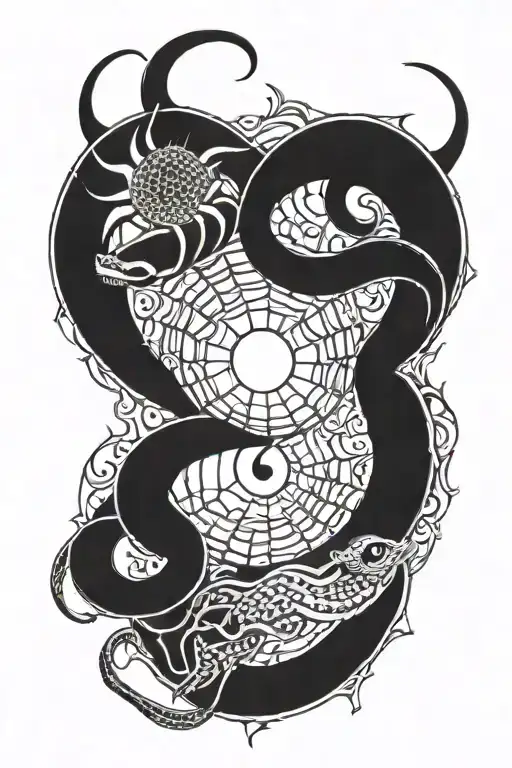 An Intricate Design Featuring A Spider And A Snake Intertwined In A Yin Yang Symbol