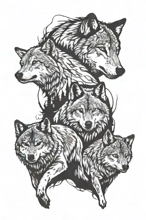 Wolf Pack Woods 2 Adults 3 Cubs Playing