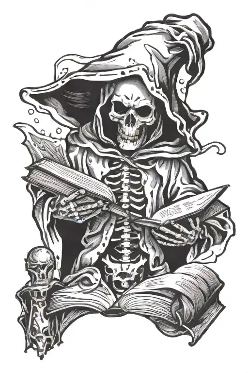 Robed Skeleton With A Hood Holding A Book In One Hand And Floating Dnd Dice In The Other