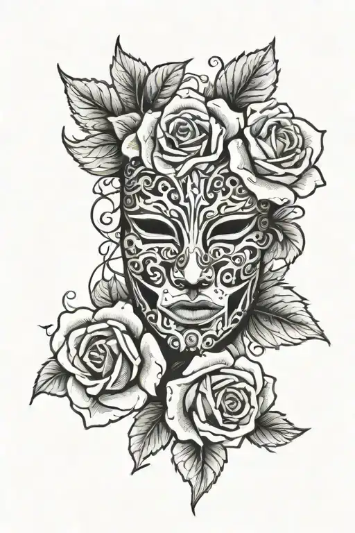 A Dramatic Theater Mask Intertwined With A Blooming Rose